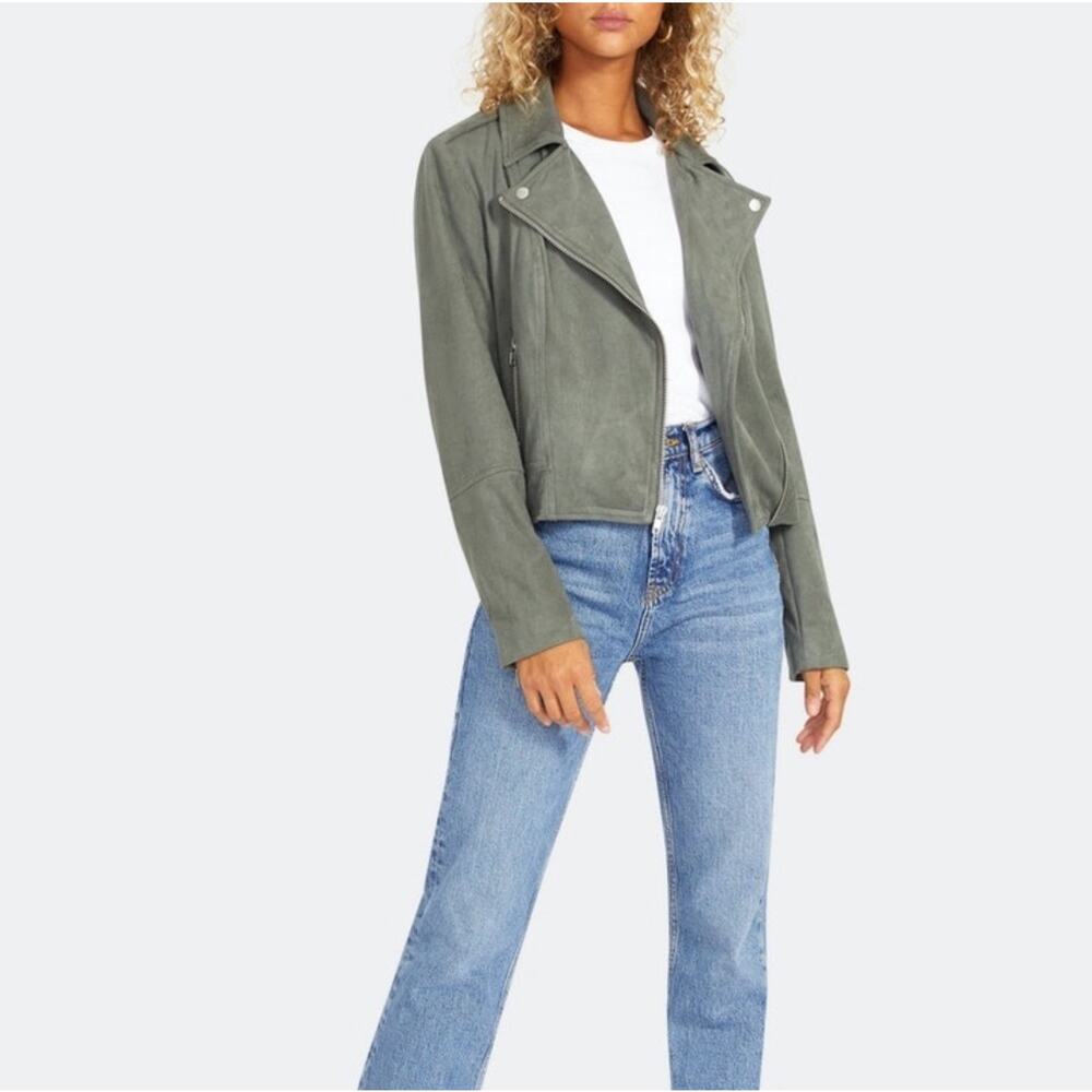 BB Dakota Olive Green Faux Suede Not Your Baby  Moto Motorcycle Jacket Zip Small